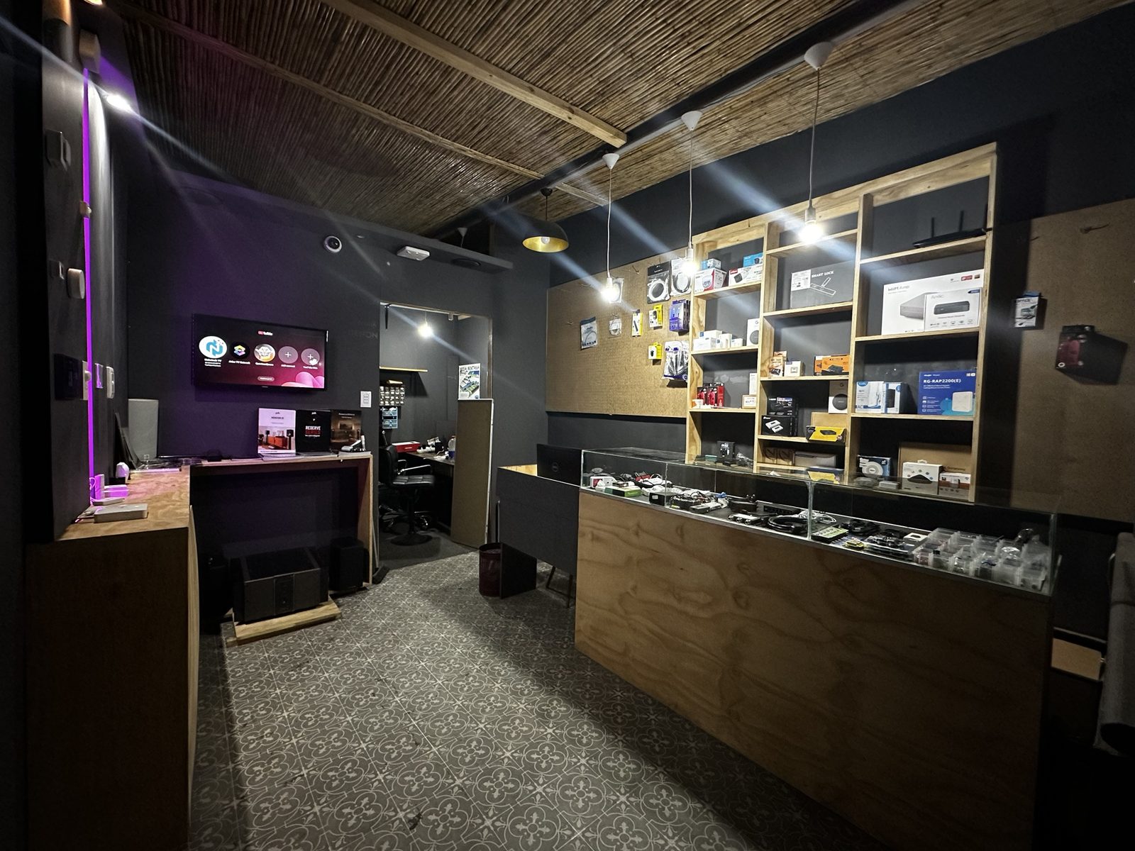 Inside The Tech Shack with shelves of cables and accessories